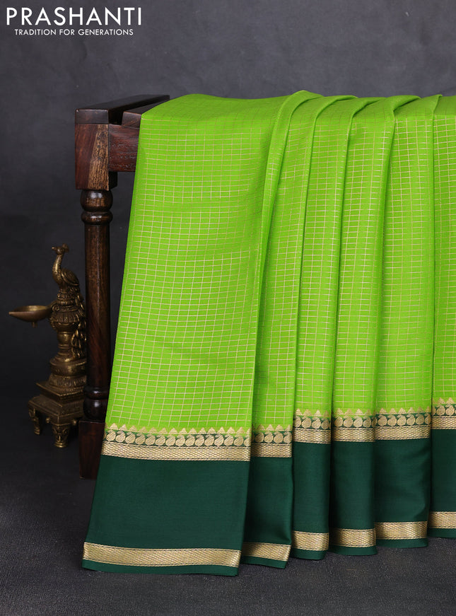 Pure mysore silk saree light green and bottle green with allover zari checked pattern and rettapet zari woven border