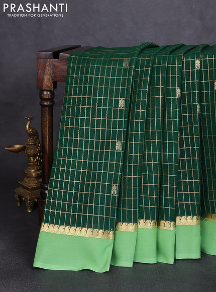 Pure mysore silk saree bottle green and pista green with allover zari checked pattern and zari woven butta border