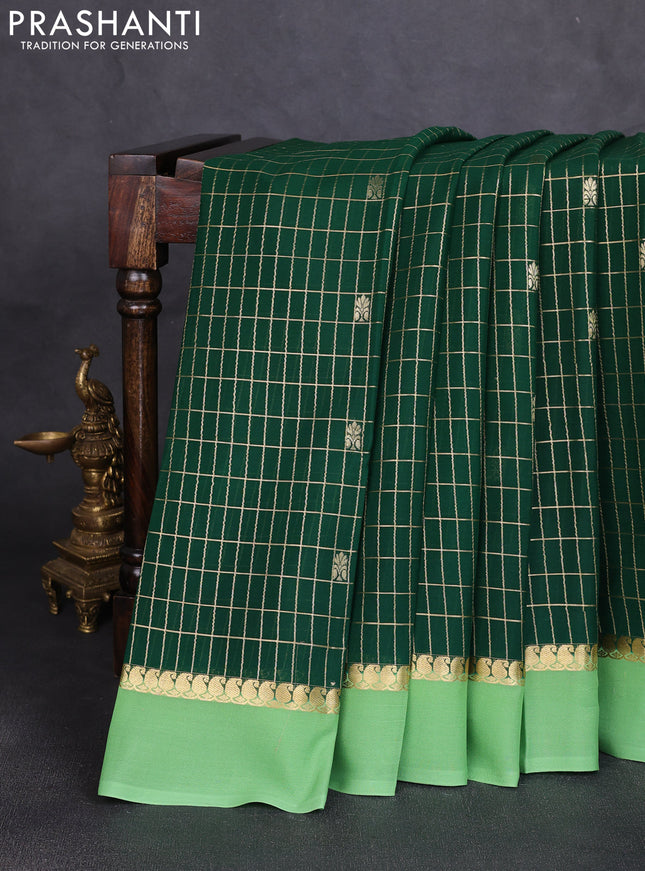 Pure mysore silk saree bottle green and pista green with allover zari checked pattern and zari woven butta border