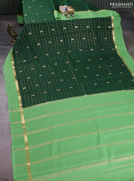 Pure mysore silk saree bottle green and pista green with allover zari checked pattern and zari woven butta border