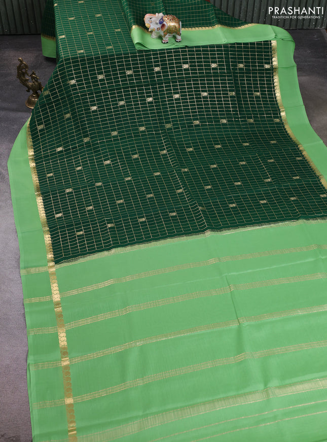 Pure mysore silk saree bottle green and pista green with allover zari checked pattern and zari woven butta border