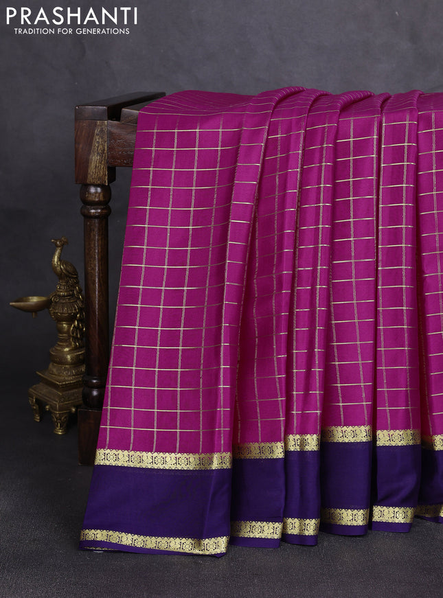 Pure mysore silk saree dark pink and navy blue with allover zari checked pattern and rettapet zari woven border