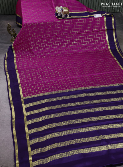 Pure mysore silk saree dark pink and navy blue with allover zari checked pattern and rettapet zari woven border