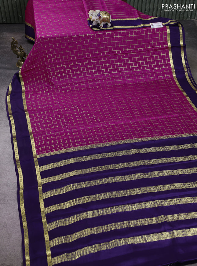 Pure mysore silk saree dark pink and navy blue with allover zari checked pattern and rettapet zari woven border
