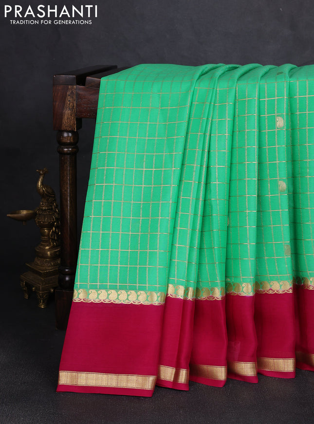 Pure mysore silk saree teal green and wine shade with allover zari checks & buttas and rettapet zari woven border
