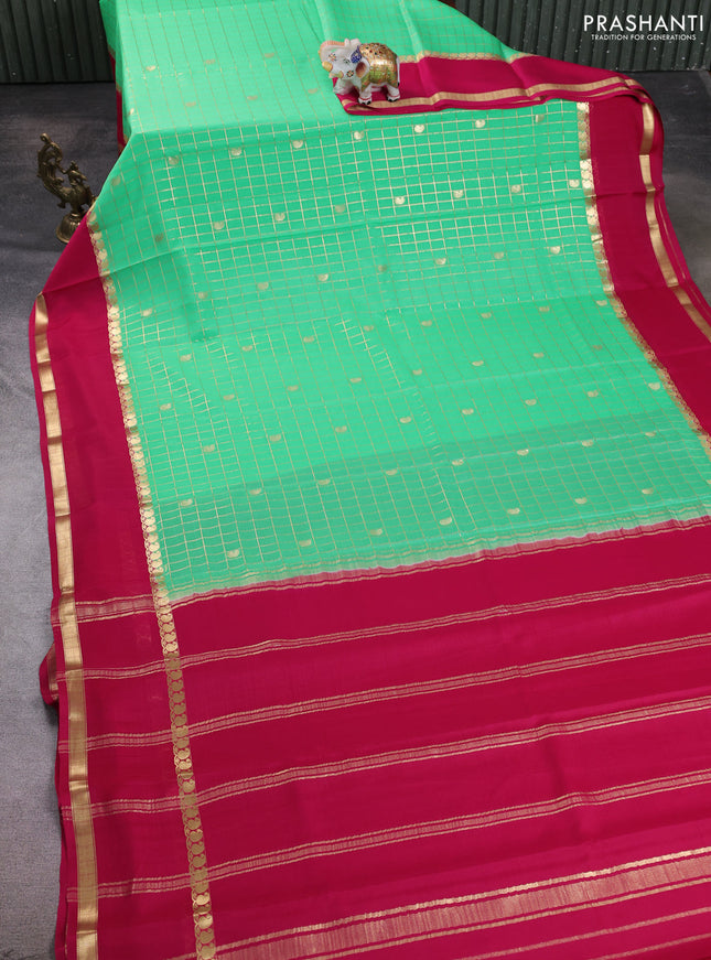 Pure mysore silk saree teal green and wine shade with allover zari checks & buttas and rettapet zari woven border
