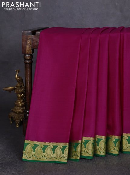 Pure mysore silk saree dark pink and green with plain body and paisley zari woven butta border