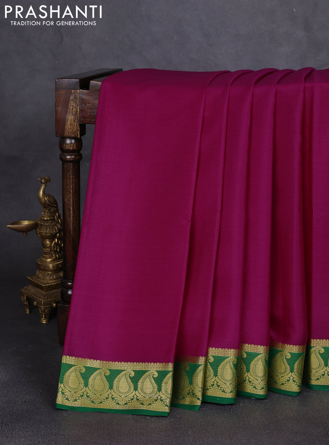 Pure mysore silk saree dark pink and green with plain body and paisley zari woven butta border