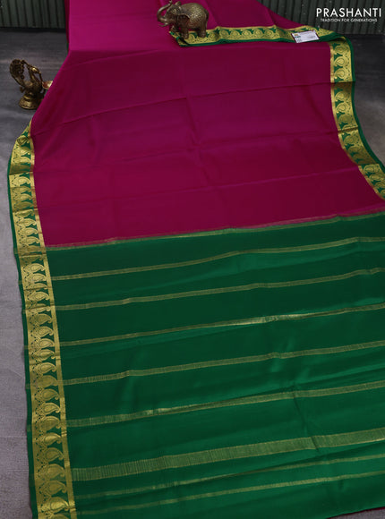 Pure mysore silk saree dark pink and green with plain body and paisley zari woven butta border