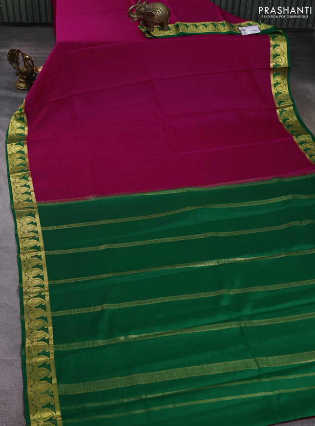 Pure mysore silk saree dark pink and green with plain body and paisley zari woven butta border