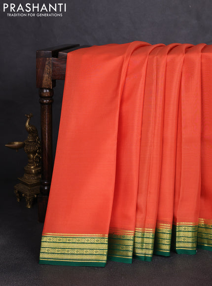 Pure mysore silk saree orange and green with plain body and zari woven border