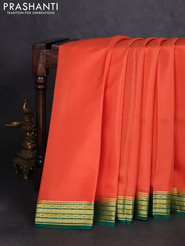 Pure mysore silk saree orange and green with plain body and zari woven border