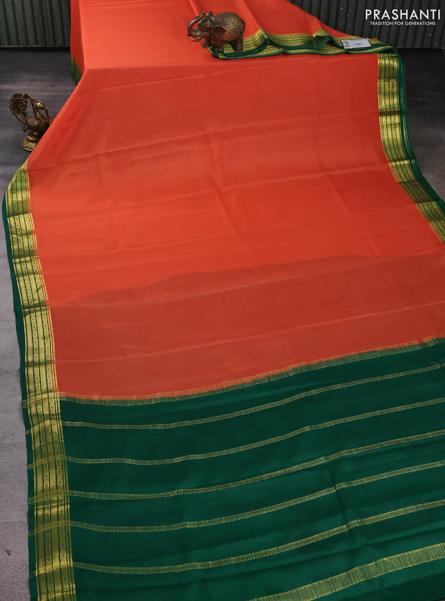 Pure mysore silk saree orange and green with plain body and zari woven border