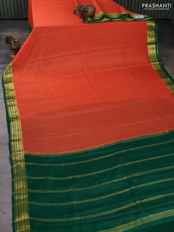 Pure mysore silk saree orange and green with plain body and zari woven border