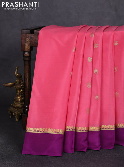 Pure mysore silk saree peach pink and purple with zari woven buttas and zari woven simple border