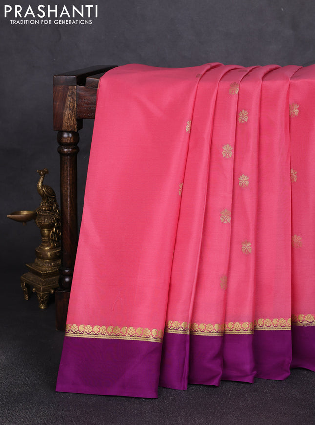 Pure mysore silk saree peach pink and purple with zari woven buttas and zari woven simple border