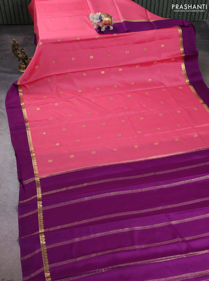Pure mysore silk saree peach pink and purple with zari woven buttas and zari woven simple border