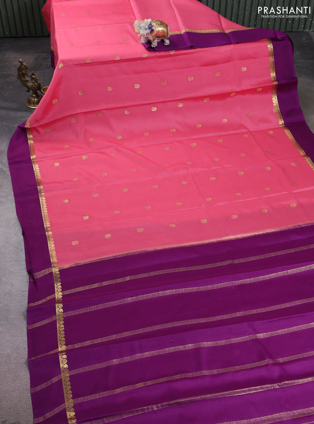 Pure mysore silk saree peach pink and purple with zari woven buttas and zari woven simple border