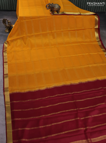 Pure mysore silk saree mustard yellow and deep maroon with zari weaves and zari woven border