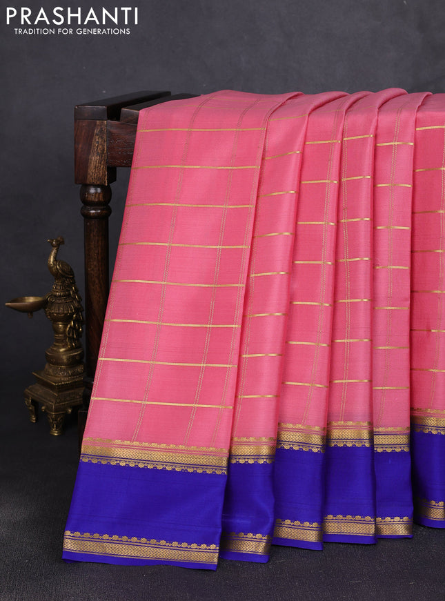 Pure mysore silk saree peach and blue with allover zari checked pattern and rettapet zari woven border