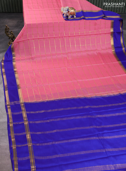 Pure mysore silk saree peach and blue with allover zari checked pattern and rettapet zari woven border