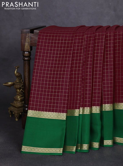 Pure mysore silk saree deep maroon and green with allover zari checked pattern and rettapet zari woven border