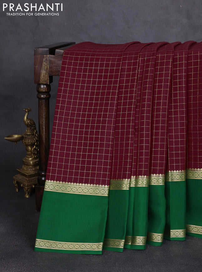 Pure mysore silk saree deep maroon and green with allover zari checked pattern and rettapet zari woven border