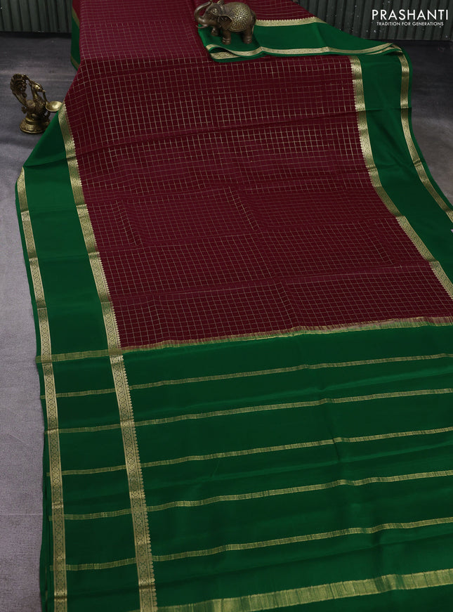Pure mysore silk saree deep maroon and green with allover zari checked pattern and rettapet zari woven border