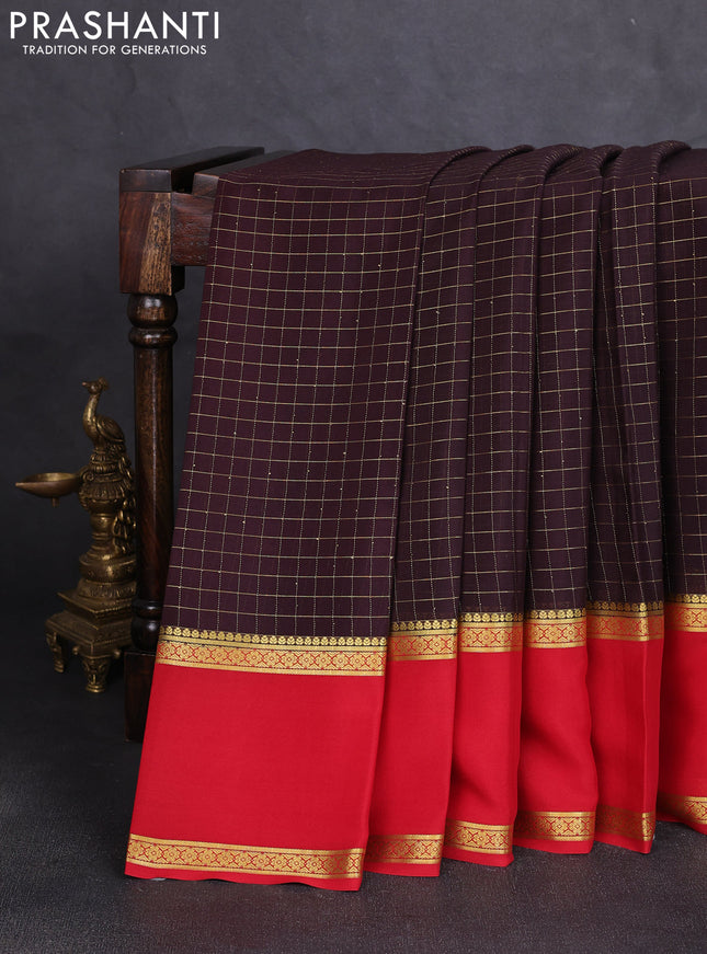 Pure mysore silk saree coffee brown and red with allover zari checked pattern and rettapet zari woven border
