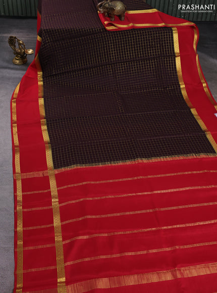Pure mysore silk saree coffee brown and red with allover zari checked pattern and rettapet zari woven border