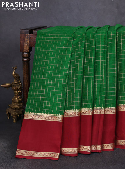 Pure mysore silk saree green and maroon with allover zari checked pattern and rettapet zari woven border