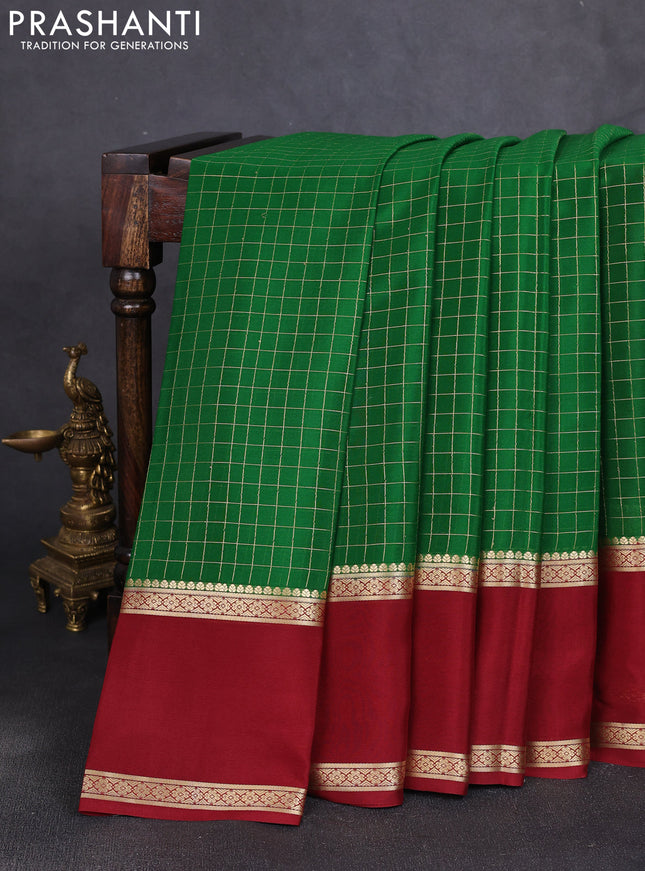Pure mysore silk saree green and maroon with allover zari checked pattern and rettapet zari woven border