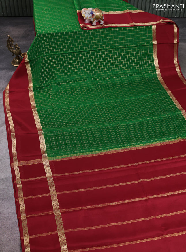 Pure mysore silk saree green and maroon with allover zari checked pattern and rettapet zari woven border