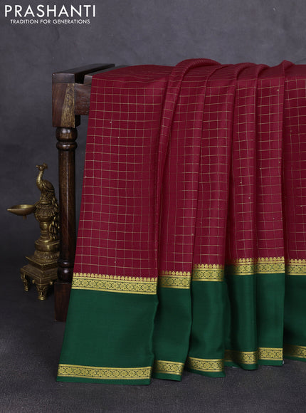 Pure mysore silk saree red and bottle green with allover zari checked pattern and rettapet zari woven border