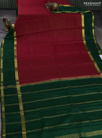 Pure mysore silk saree red and bottle green with allover zari checked pattern and rettapet zari woven border
