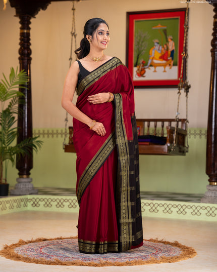 Pure mysore silk saree red and black with plain body and zari woven border