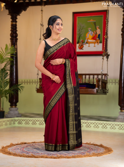 Pure mysore silk saree red and black with plain body and zari woven border