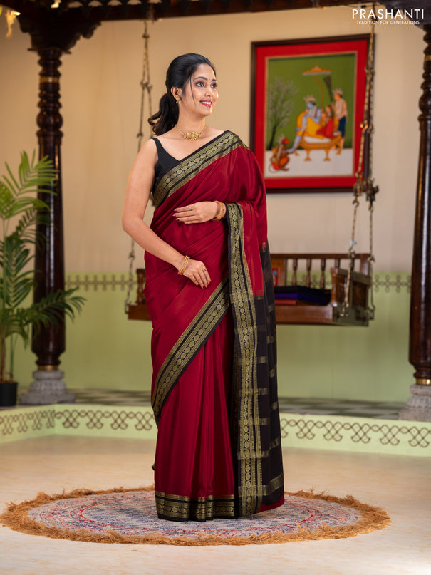 Pure mysore silk saree red and black with plain body and zari woven border