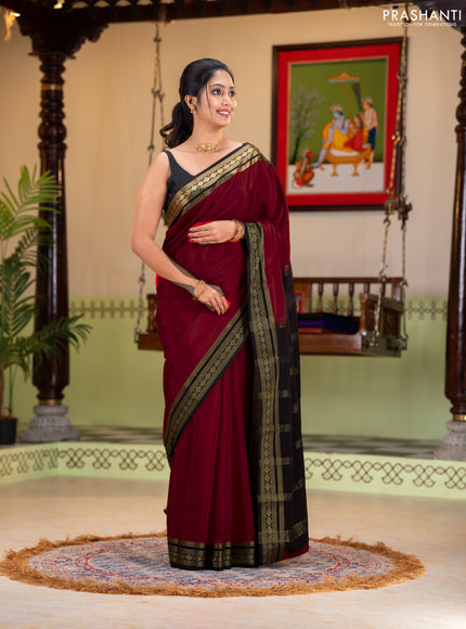 Pure mysore silk saree red and coffee brown with plain body and zari woven border