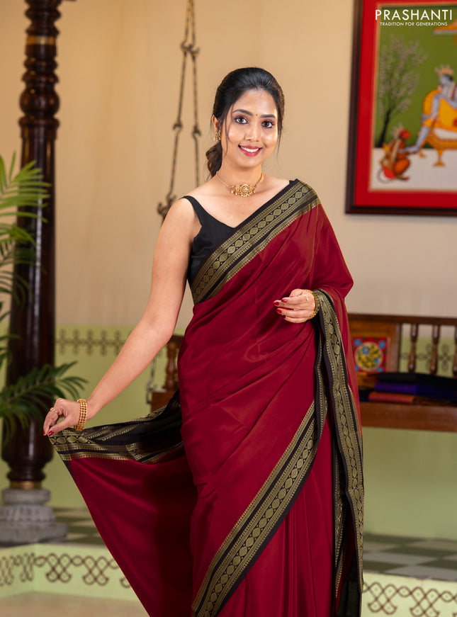 Pure mysore silk saree red and coffee brown with plain body and zari woven border