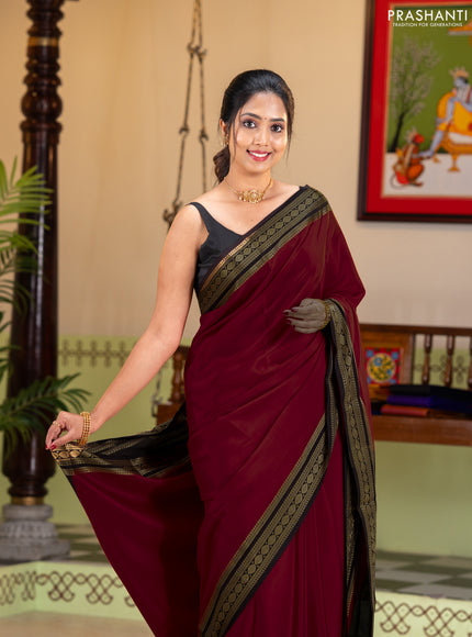 Pure mysore silk saree red and coffee brown with plain body and zari woven border