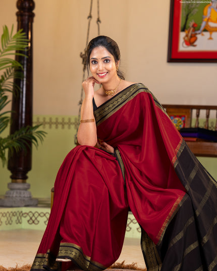 Pure mysore silk saree red and black with plain body and zari woven border
