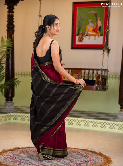 Pure mysore silk saree red and coffee brown with plain body and zari woven border