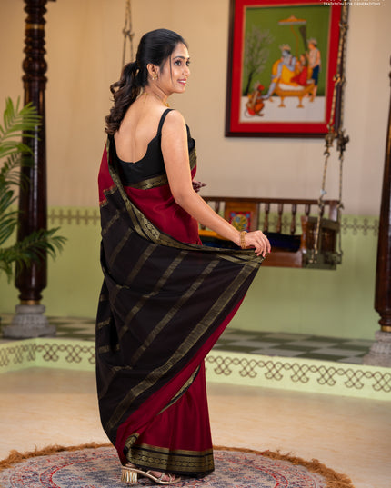 Pure mysore silk saree red and black with plain body and zari woven border