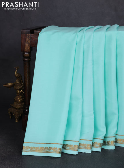 Pure mysore silk saree teal green with plain body and elephant zari woven border