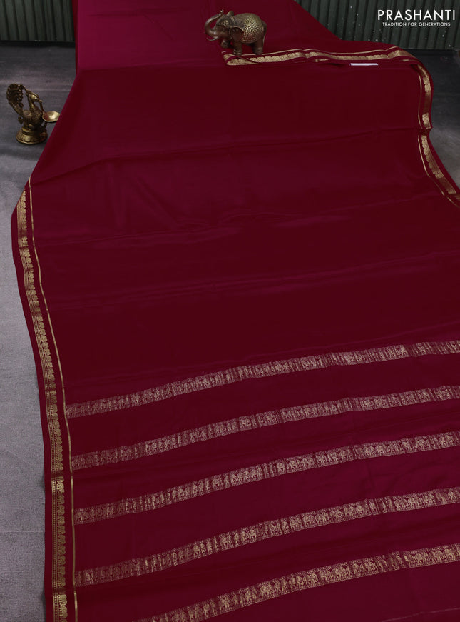 Pure mysore silk saree red with plain body and elephant zari woven border