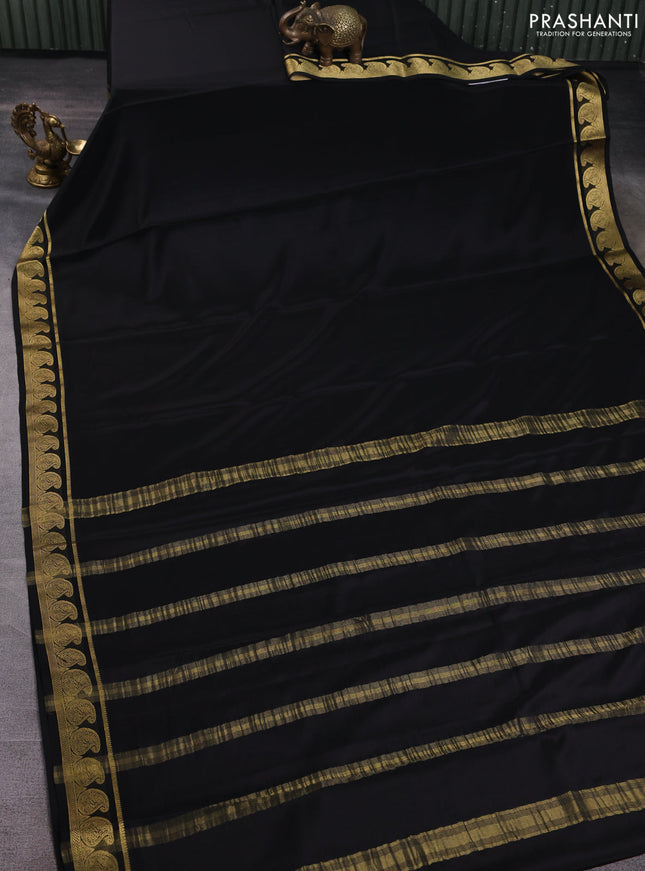 Pure mysore silk saree black with plain body and zari woven paisley border