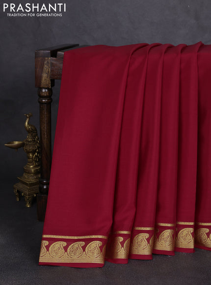 Pure mysore silk saree maroon with plain body and zari woven paisley border