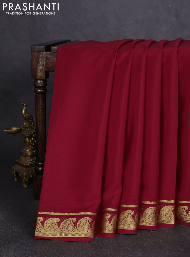 Pure mysore silk saree maroon with plain body and zari woven paisley border