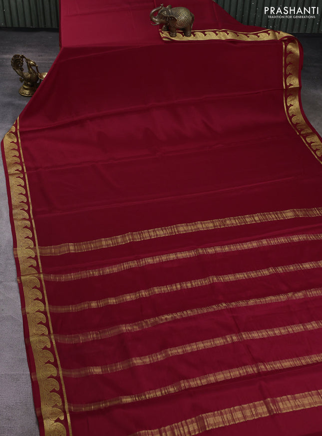 Pure mysore silk saree maroon with plain body and zari woven paisley border